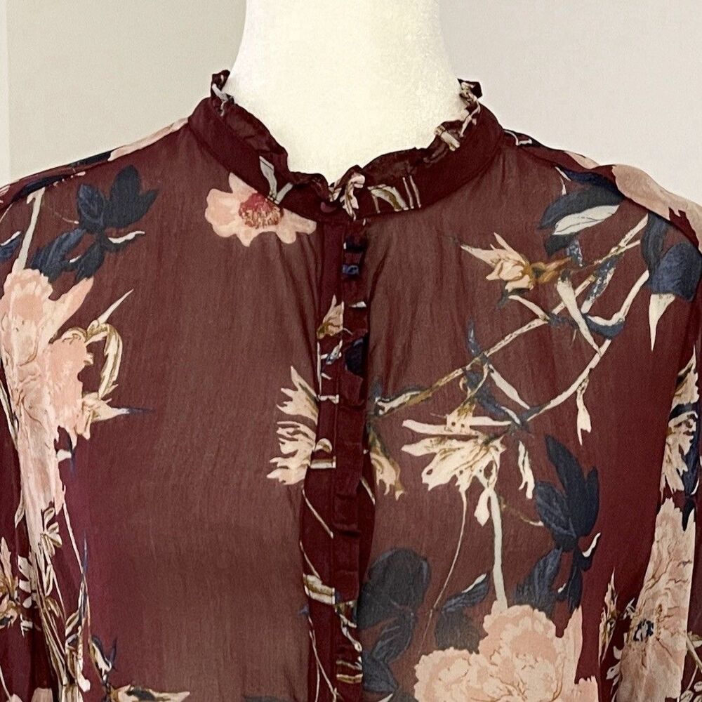 Lucky Brand Top Womens Large Floral Button Front Semi Sheer Ruffle Trim Blouse - Picture 5 of 10